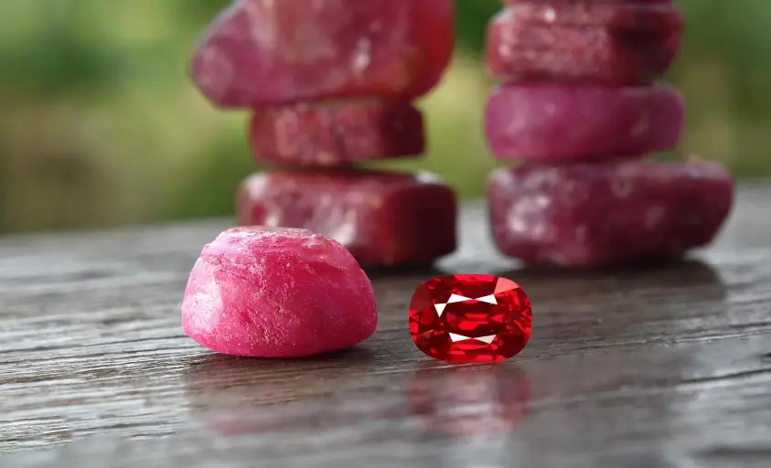 Different types of ruby stones displayed together