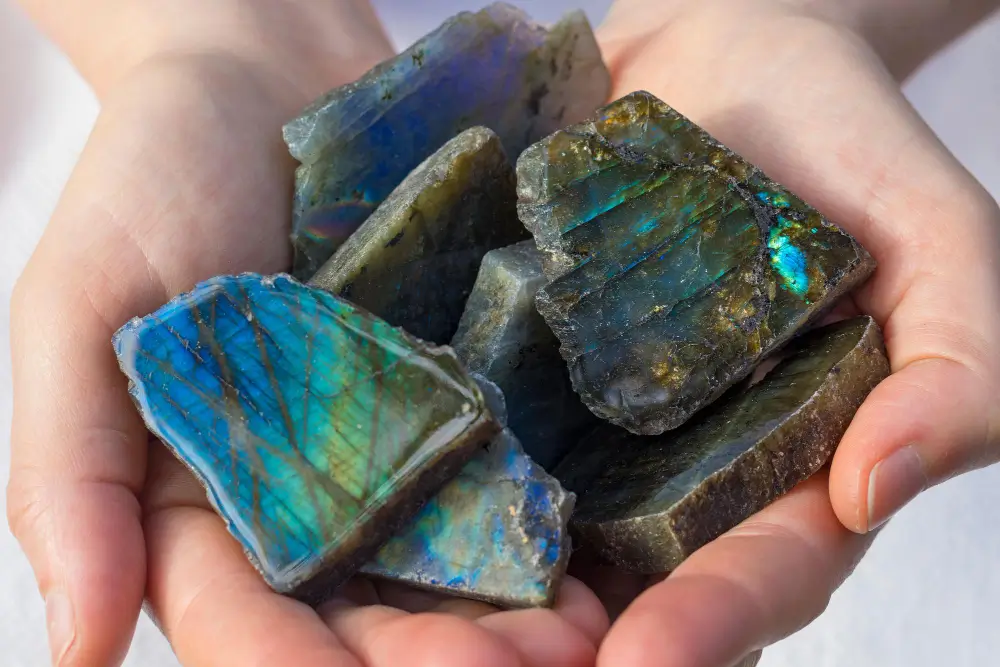 Labradorite gemstone showing iridescent blue and green hues