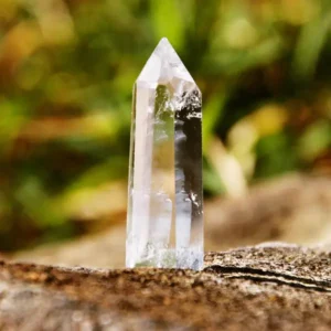 Clear Quartz crystal point standing upright on a reflective surface.