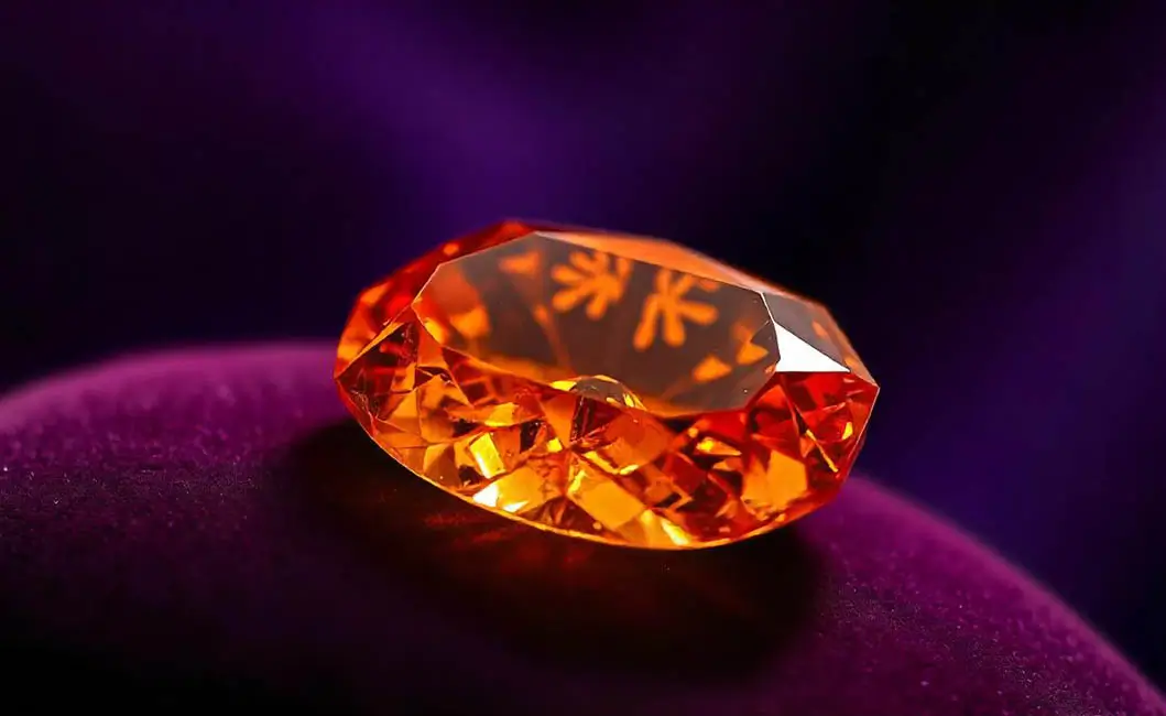 A polished orange Hessonite Grossular Garnet gemstone on display.