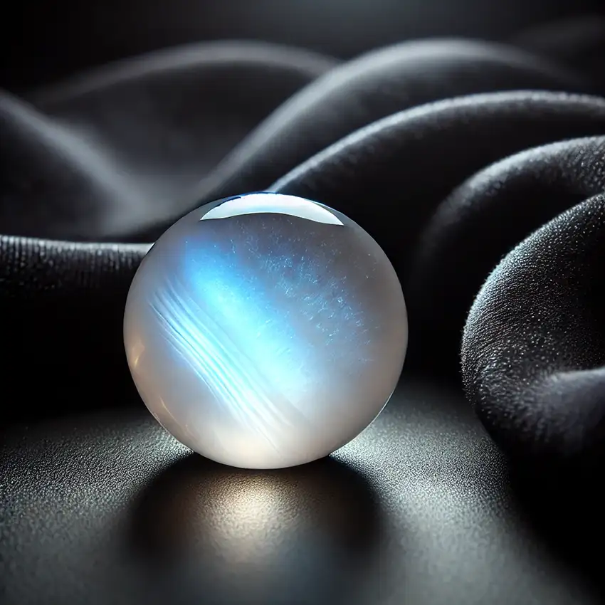  Polished moonstone with a blue and white glow on a velvet background.