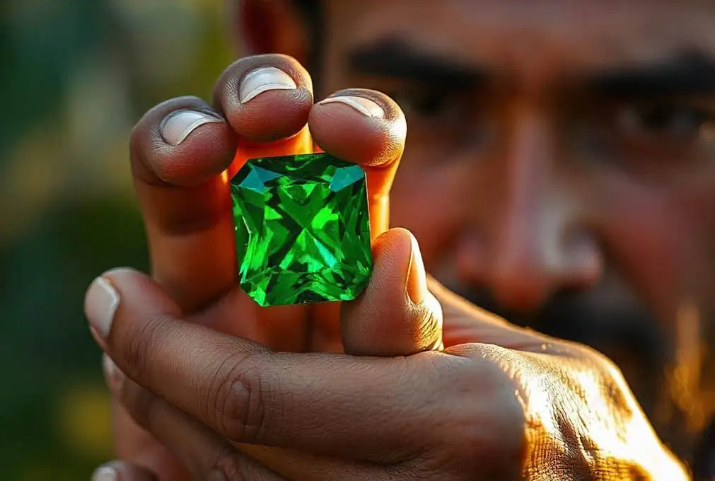 Close-up of a vibrant green Tsavorite Grossular Garnet gemstone.