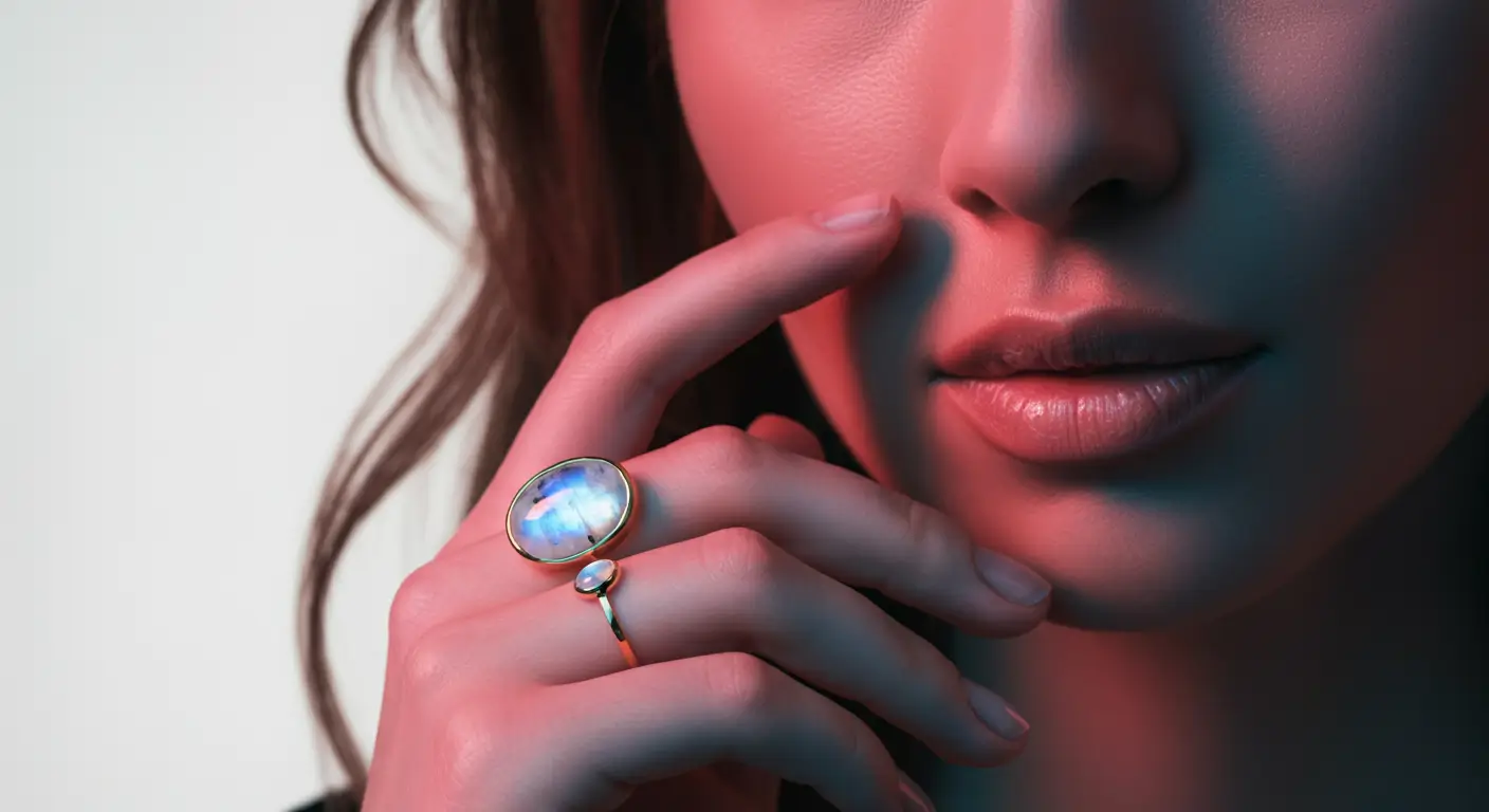 Moonstone ring with a glowing gemstone on a soft fabric.