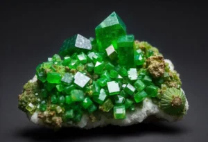 Vibrant green Uvarovite Garnet crystal cluster showcasing its natural brilliance and texture.