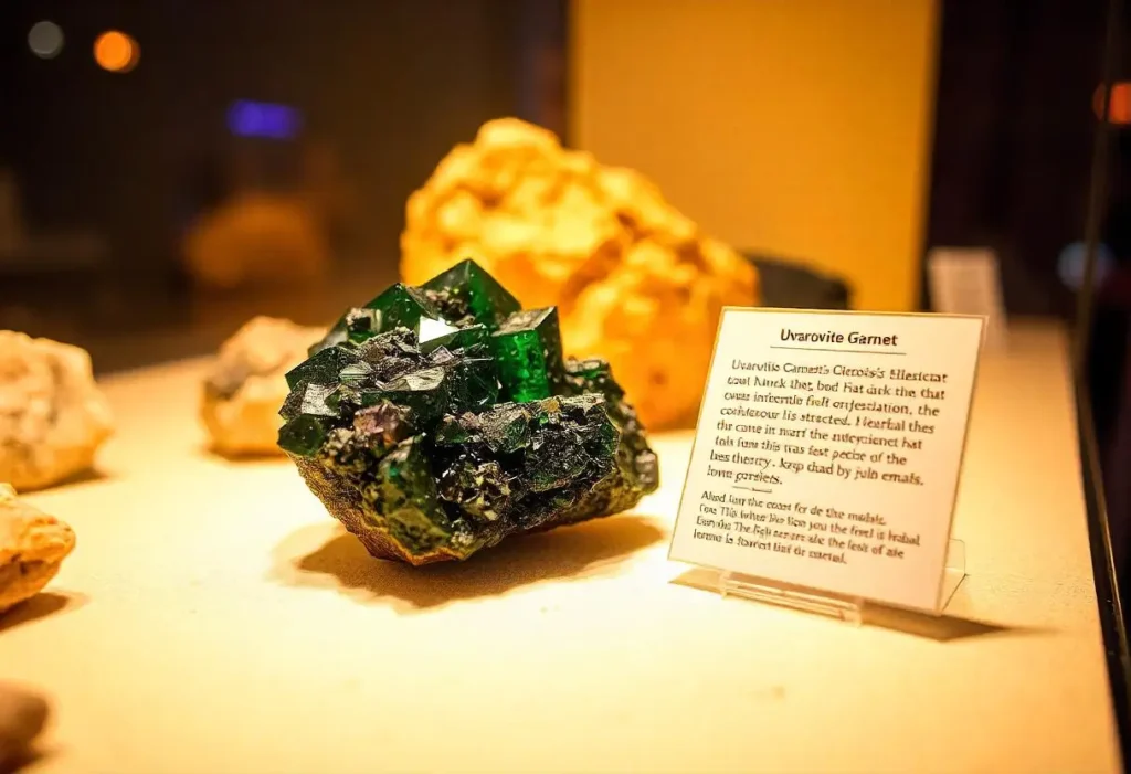 Uvarovite Garnet displayed in a mineral collection exhibit.